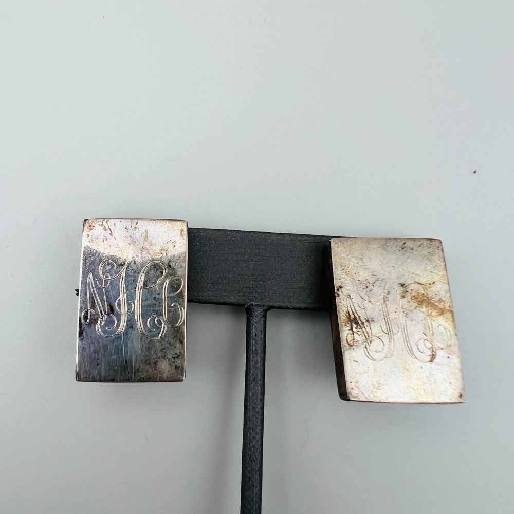 Sterling‎ Silver Clip Earrings Rectangle Monogram Etched 925 Vintage 29 grams